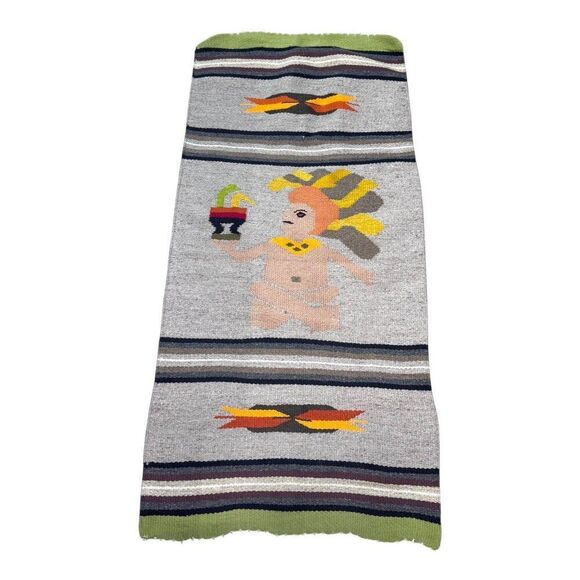 Vintage Handmade Woven Wall Tapestry With Aztec God Medicine Man 63X29.5 Mexico - Picture 4 of 4